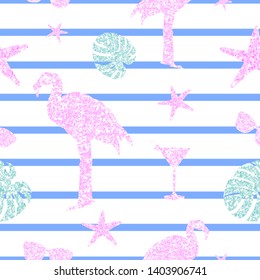 pastel summer glitter elements seamless pattern. Flamingo, monstera leafs, cocktails and sunglasses. Trendy shiny endless background