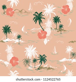 Pastel summer Island hawaiian mood hibiscus flower, palm trees ,ships, coconut tree ,wave in hand drawn style seamless pattern vector for fashion , fabric and all prints on retro pink background.