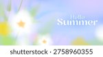 A pastel summer landscape with blurred yellow dandelions and white daisies, a delicate abstract floral background, and the text "Hello, Summer" for a decorative vector design