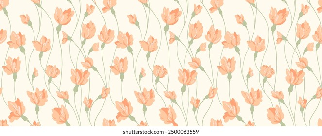 Pastel summer pattern with creative intertwined florals stems. Abstract branches with tiny flower buds seamless print on a light background. Vector hand drawing. Plain ornament for designs, textiles