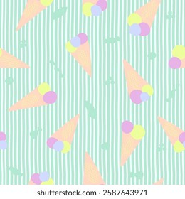 Pastel summer seamless pattern, drink, cocktails, desert, ice cream. Cocktail party, celebration, vector illustration