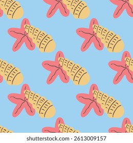 Pastel Summer Seashells Starfish Hand Drawn Artistic Vector Seamless Pattern 