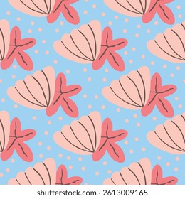 Pastel Summer Seashells Starfish Hand Drawn Artistic Vector Seamless Pattern 