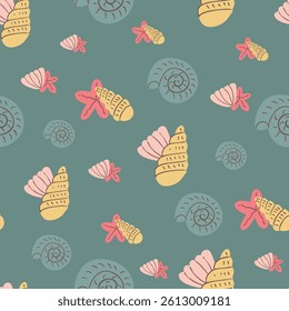 Pastel Summer Seashells Starfish Hand Drawn Artistic Vector Seamless Pattern 