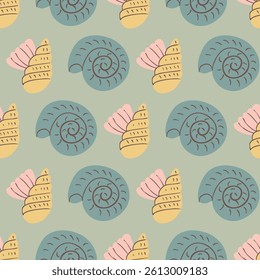 Pastel Summer Seashells Starfish Hand Drawn Artistic Vector Seamless Pattern 