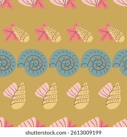 Pastel Summer Seashells Starfish Hand Drawn Artistic Vector Seamless Pattern 