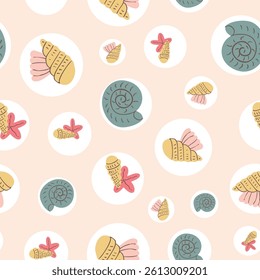 Pastel Summer Seashells Starfish Hand Drawn Artistic Vector Seamless Pattern 