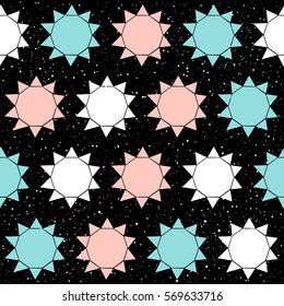 Pastel sun shape on black seamless pattern. Pink, white and blue elements. Abstract pattern for card, wallpaper, album, scrapbook, holiday wrapping paper, textile fabric, garment, t-shirt design etc.