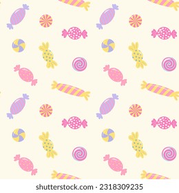 Pastel sweet candies seamless pattern. Cute print. Trendy wrapping paper.