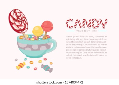 Pastel sweet template  with lollipop colorful candy isolated vector illustration. 