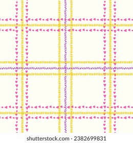 Pastel tablecloth gingham Vector Seamless Pattern with hearts. hand drawn doodle checker background. Cottagecore Garden design. Homestead Farmhouse Summer Graphic Background