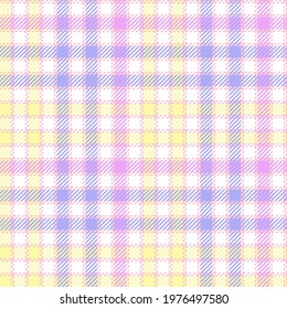 Pastel tartan plaid. Lemon yellow, lilac and mauve Easter gingham. Seamless vector check pattern suitable for baby and girls fashion, home decor and stationary.