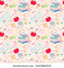 Pastel teacher stuff with floral bookish teacher elements including notebooks books and cute school supplies for educational and planner designs.