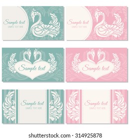 Pastel template (invitation, thank you card, save the date card, RSVP card) with decorative frame and elegant ornament (heart, swans, wings). Set of two color variants. Ornate vector design