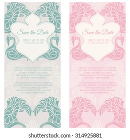 Pastel template (invitation, thank you card, save the date card, RSVP card) with decorative frame and elegant swans. Set of two color variants. Ornate vector design