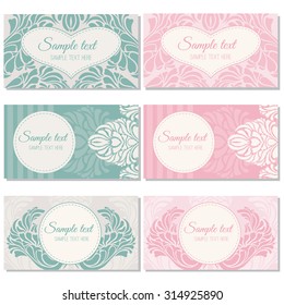 Pastel template (invitation, thank you card, save the date card, RSVP card) with decorative frame (circle, heart) and elegant ornament. Set of two color variants. Ornate vector design