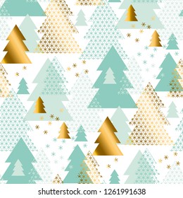 Pastel tender geometric Christmas tree seamless pattern. Gold and white luxury repeatable motif for winter holiday project. Modern new year vector illustration. Xmas elegant pattern.