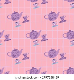 Pastel tender seamless pattern with tea time elements. Light purple ornament on pink background with check. Perfect for wallpaper, textile, wrapping paper, fabric print. Vector illustration.