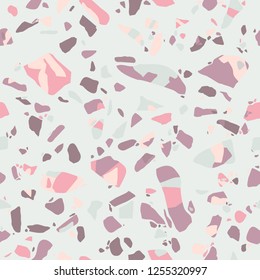 Pastel terrazzo flooring seamless pattern. Vector texture of mosaic floor with natural stones, pale pink color, granite, marble, limestone, concrete. Polished rock surface. White tender background