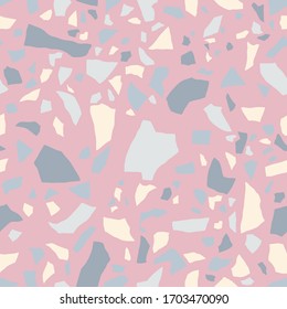 Suelo de pasto terrazo sin fisuras. Textura vectorial del suelo de mosaico con piedras naturales, color rosa pálido, granito, mármol, piedra caliza, hormigón. 