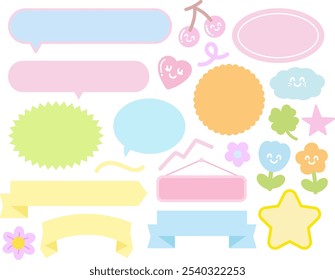 Pastel text bubbles with flowers, clover leaf, heart, star, cherry for cartoon, comic, dialogue, chatting, text, message, name tag, label, sign, symbol, sticker, print, cute patches, brooch, marketing