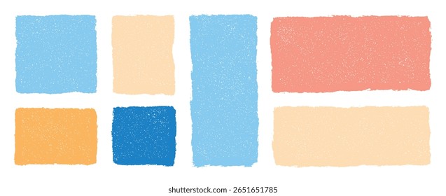 Pastel textured hand drawn geometric shapes layout featuring rectangles in blue beige peach orange on transparent background perfect for creative vector template or abstract art design