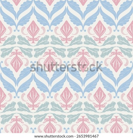 Pastel Thai-inspired seamless pattern with lotus petal motifs luxury rich ornament silky in soft pink, blue, and mint tones. Ideal for fabric printing, elegant packaging, luxury textile background rug