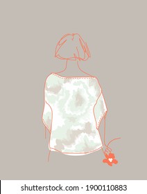 Pastel tie dye clothes. Dyeing fabrics in tie dye style. One line art girl. Summer fashion. A flower in the hands of a lady.