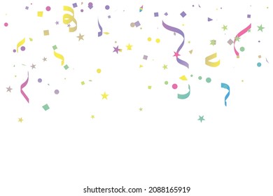 Pastel Tiny Confetti And Streamer Ribbon Falling On White Background. Vector