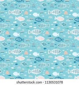 
Pastel Tiny Fish Doodles, Seamless Animal Vector Pattern Background, Hand Drawn Illustration for Summer Scrapbooking, Gift Wrap, Kids Fashion Prints, Beach Apparel & Cute Stationery , Blue Turquoise