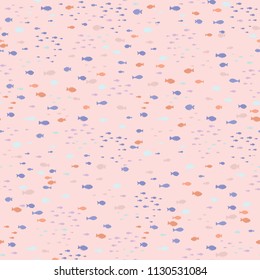 Pastel Tiny Shoal of Fish, Seamless Animal Vector Pattern Background,Hand Drawn Illustration for Summer Scrapbooking, Gift Wrap, Kids Fashion Prints, Beach Apparel & Cute Stationery, Pink Lilac Purple