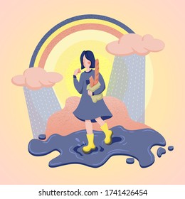 A pastel tone flat illustration of a girl in dress walking through the paddle and and eating bread outside in rainy day.
Sunshine, raining clouds and rainbow are on the background