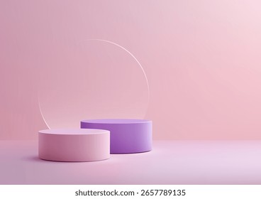pastel toned 3D scene featuring pink and lavender cylindrical podiums with a translucent arch on a gradient surface, designed for showcasing cosmetics or branding in a luxury setting