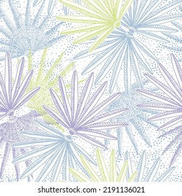 Tonos pasteles abstractos y sin fisuras de hojas de palma. La ilustración vectorial es perfecta para textiles, papelería, papel pintado, diseño de embalajes, decoración interior. Diseño de patrones de superficie