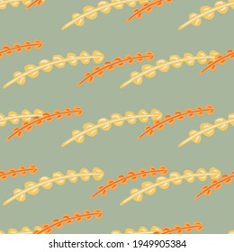 Pastel tones aqua botanic seamless pattern with seaweed ornament. Orange colored foliage on blue background. Decorative backdrop for fabric design, textile print, wrapping, cover. Vector illustration.