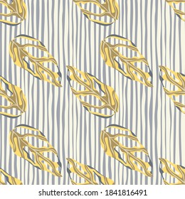 Pastel tones creative floral exotic seamless pattern with monstera silhouettes. Yellow foliage on blue and white striped background. For fabric design, textile, wrapping, cover. Vector illustration.