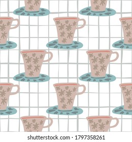 Pastel tones cup silhouettes doodle seamless pattern. White bakground with blue check. Simple backdrop. Designed for wallpaper, textile, wrapping paper, fabric print. Vector illustration.