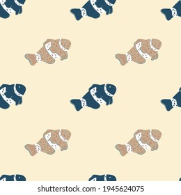 Pastel tones cute ocean seamless pattern with wild clown fish ornament. Pastel background, beige and blue print. Designed for fabric design, textile print, wrapping, cover. Vector illustration.
