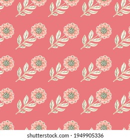 Tonos pasteles adorables y sin costura con elementos de flores folclóricas claras adornados. Fondo rosa. Obra de dibujos animados. Ideal para el diseño de tela, impresión textil, envoltura, cubierta. Ilustración vectorial.