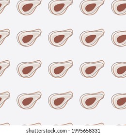 Pastel tones food healthy seamless pattern with abstract avocado ornament. Light grey background. Designed for fabric design, textile print, wrapping, cover. Vector illustration.