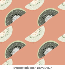 Tonos pasteles sin fisuras de la comida con adorno de rodaja de kiwi blanco y gris. Fondo rosa. Diseñado para el diseño de tejidos, impresión textil, envoltura, cubierta. Ilustración vectorial.