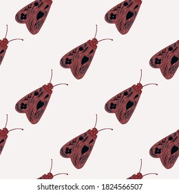 Pastel tones maroon moth ornament seamless pattern. Isolated insect simple print on white background. Designed for wallpaper, textile, wrapping paper, fabric print. Vector illustration.