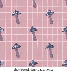 Pastelltöne harmonieren nahtlos mit violetten Pilzformen. Lilac-karierter Hintergrund. Dekorativer Hintergrund für Stoffdesign, Stoffdruck, Umhüllung, Abdeckung. Vektorgrafik.