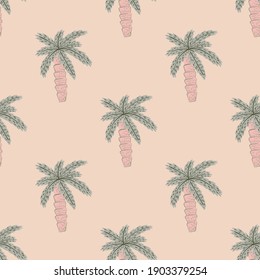 Tonos pasteles sin fisuras de doodle con formas exóticas de palmeras pálidas. Fondo pastel rosa. Impresión vectorial plana para textiles, tela, envoltura de regalo, papel tapiz. Ilustración sin fin.