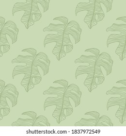 Tonos pasteles sin fisuras con formas de color verde doodle monstera. Fondo claro. Diseñado para el diseño de tejidos, impresión textil, envoltura, cubierta. Ilustración vectorial.