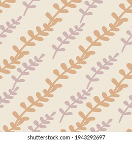 Pastel tones seamless nature pattern with pastel orange and purple leaf branches silhouettes. Doodle style. Decorative backdrop for fabric design, textile print, wrapping, cover. Vector illustration.