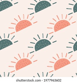 Pastel tones seamless pattern with abstract blue and pink ethnic sun shapes. Light grey background. Designed for fabric design, textile print, wrapping, cover. Vector illustration.