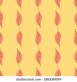 Tonos pasteles sin fisuras con formas simples de hojas rosadas de doodle. Fondo naranja claro. Impresión vectorial plana para textiles, tela, giftwrap, papel pintado. Ilustración sin fin.