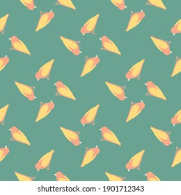 Pastel tones seamless pattern with doodle light orange birds shapes. Turquoise background. Vector illustration for seasonal textile prints, fabric, banners, backdrops and wallpapers.