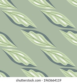 Pastel tones seamless pattern with geometric leaf silhouettes print. Green palette nature artwork. Perfect for fabric design, textile print, wrapping, cover. Vector illustration.